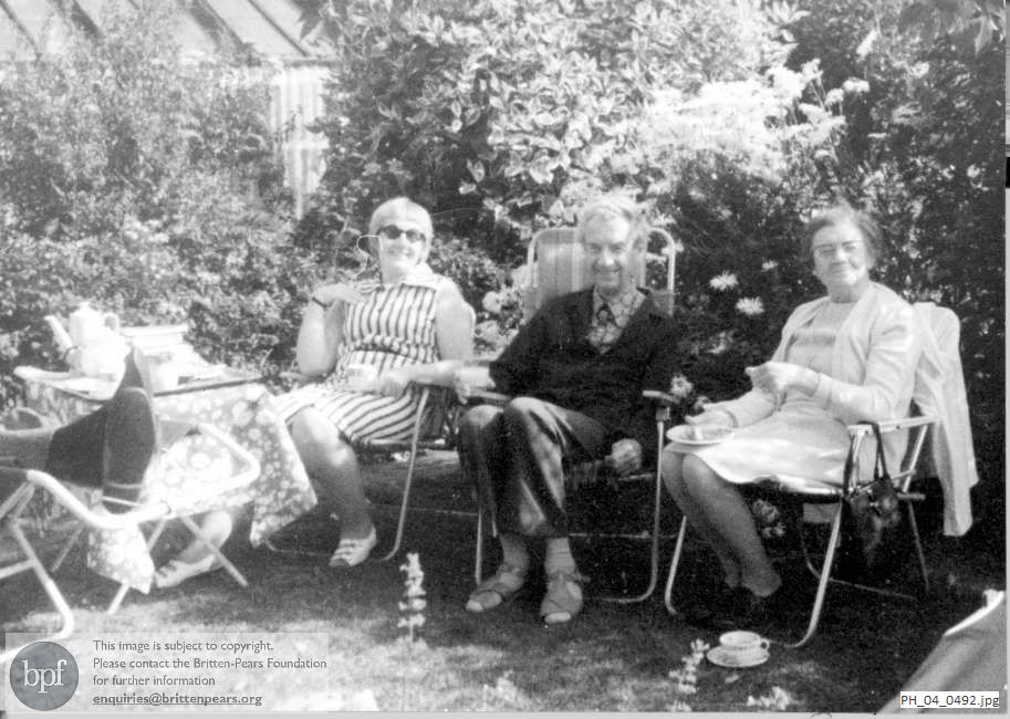 Benjamin Britten having tea with Barbara Britten and Kathleen Mitchell