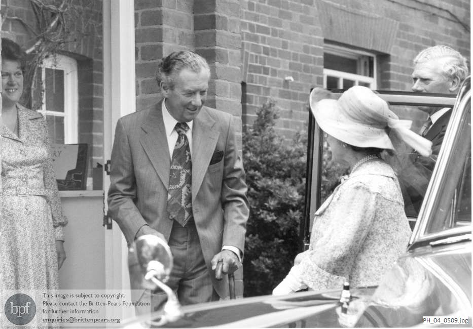 Benjamin Britten and Rita Thomson welcome the Queen Mother to the Red House, Aldeburgh