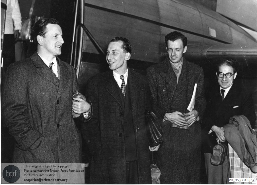 Benjamin Britten and Peter Pears with Eric Crozier and Erwin Stein at Amsterdam Airport