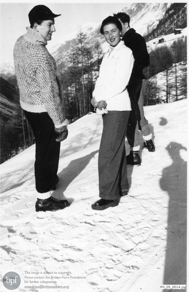 Benjamin Britten and Peter Pears skiing with friends in Zermatt, Switzerland