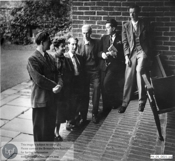 Benjamin Britten and Peter Pears with colleagues from the original production of 'Albert Herring' at Glyndebourne