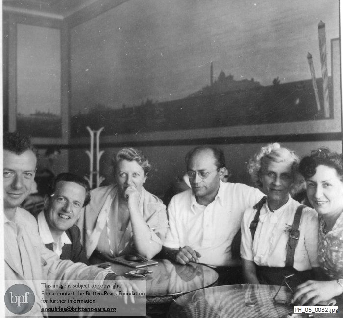 Benjamin Britten and Peter Pears with members of the cast of 'The Rape of Lucretia'