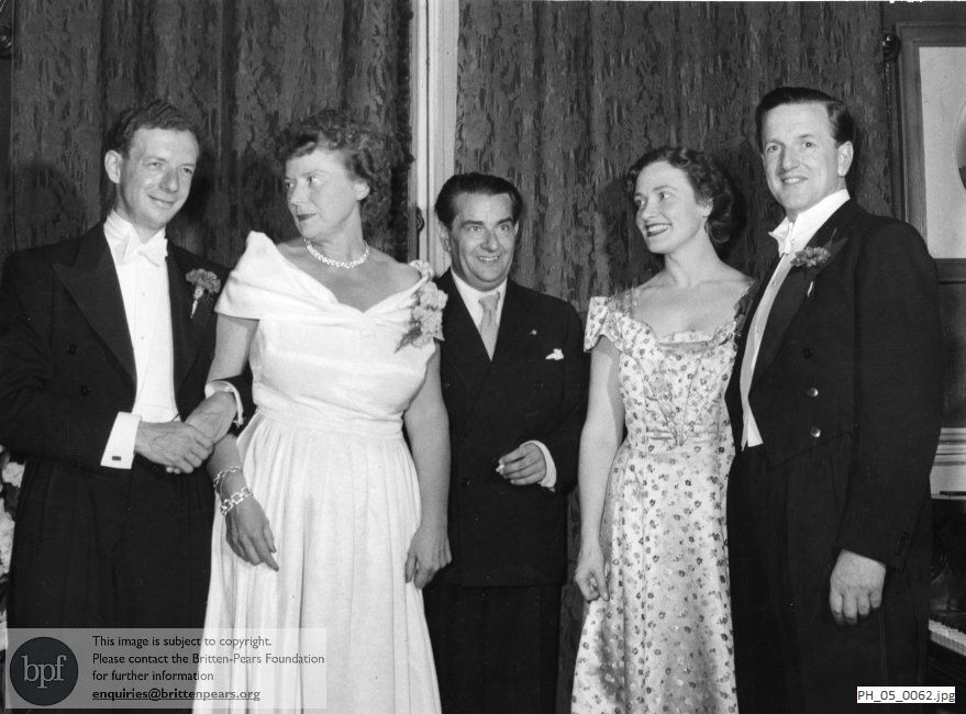 Benjamin Britten and Peter Pears with colleagues at the premiere of 'Spring Symphony'