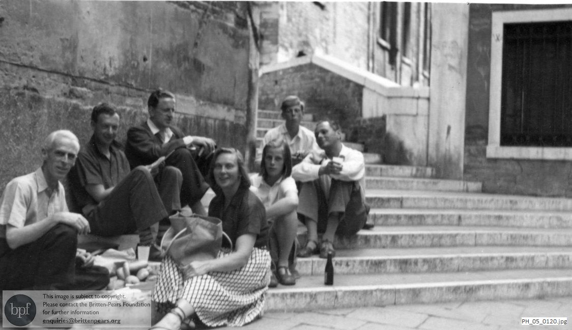 Benjamin Britten and Peter Pears with the Pipers and Basil Douglas in Venice, Italy