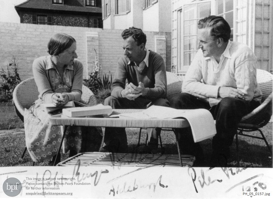 Benjamin Britten and Peter Pears with Imogen Holst at Crag House, Aldeburgh