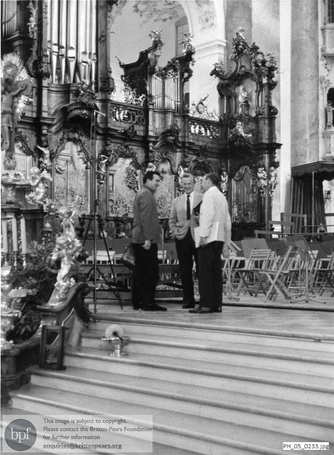 Benjamin Britten and Peter Pears with Meredith Davies in the Basilika at Ottobeuren, Germany