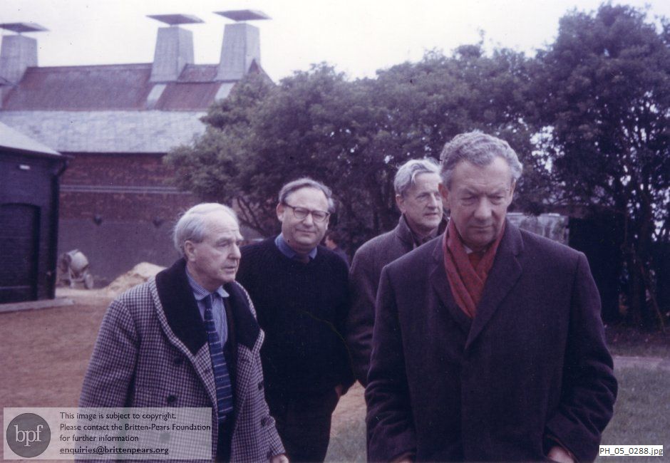 Benjamin Britten and Peter Pears with Henry Moore and Stephen Reiss at Snape Maltings Concert Hall, Suffolk