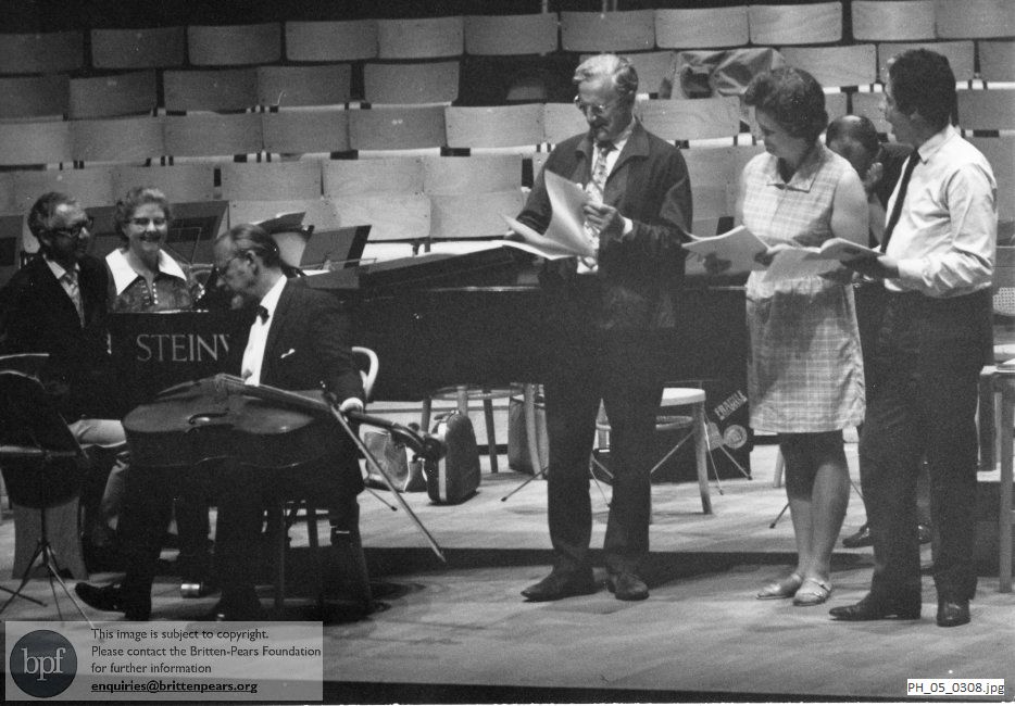 Benjamin Britten and Peter Pears with colleagues at Snape Maltings Concert Hall, Suffolk