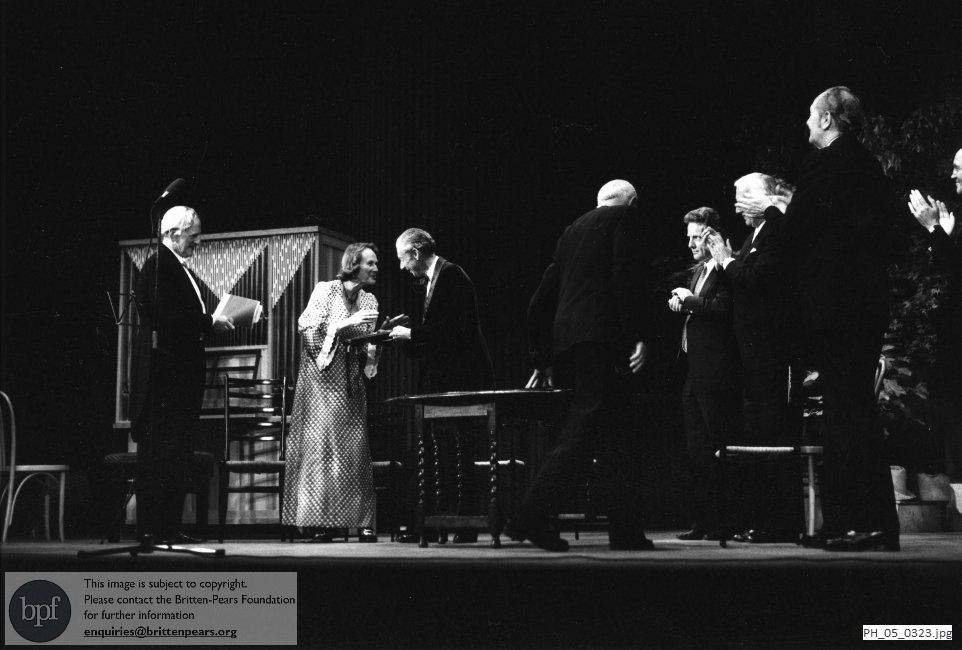 Benjamin Britten and Peter Pears with Fidelity Cranbrook and others at Snape Maltings Concert Hall, Suffolk