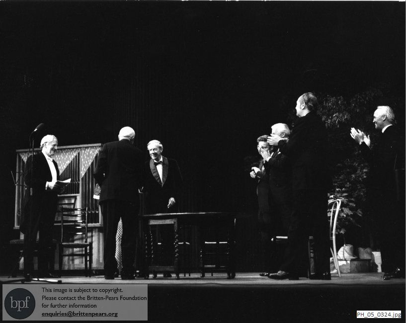 Benjamin Britten and Peter Pears with others at Snape Maltings Concert Hall, Suffolk