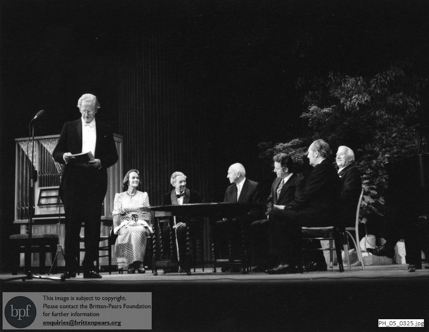 Benjamin Britten and Peter Pears with Fidelity Cranbrook, Ernst von Siemens and others at Snape Maltings Concert Hall, Suffolk