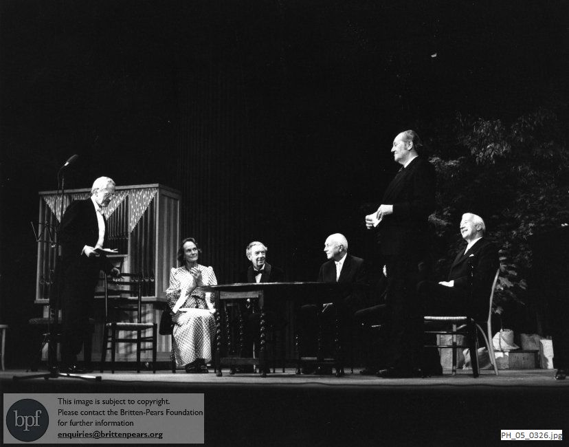 Benjamin Britten and Peter Pears with Fidelity Cranbrook, Ernst von Siemens and others at Snape Maltings Concert Hall, Suffolk