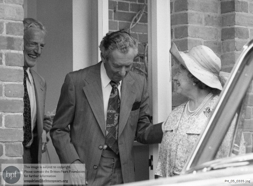 Benjamin Britten and Peter Pears with HM Queen Elizabeth, the Queen Mother at The Red House, Aldeburgh