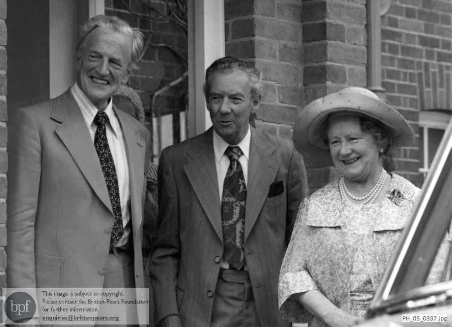 Benjamin Britten and Peter Pears with HM Queen Elizabeth, the Queen Mother at The Red House, Aldeburgh