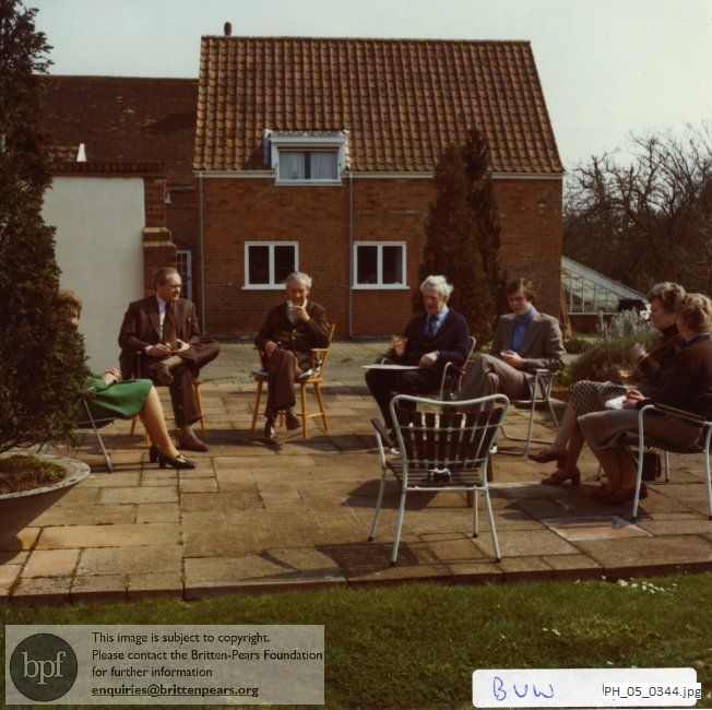 Benjamin Britten and Peter Pears with Alan Hoddinott and others at The Red House, Aldeburgh
