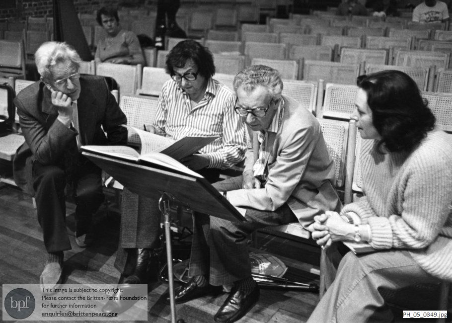 Benjamin Britten and Peter Pears with André Previn and Elisabeth Søderstrøm at Snape Maltings Concert Hall, Suffolk