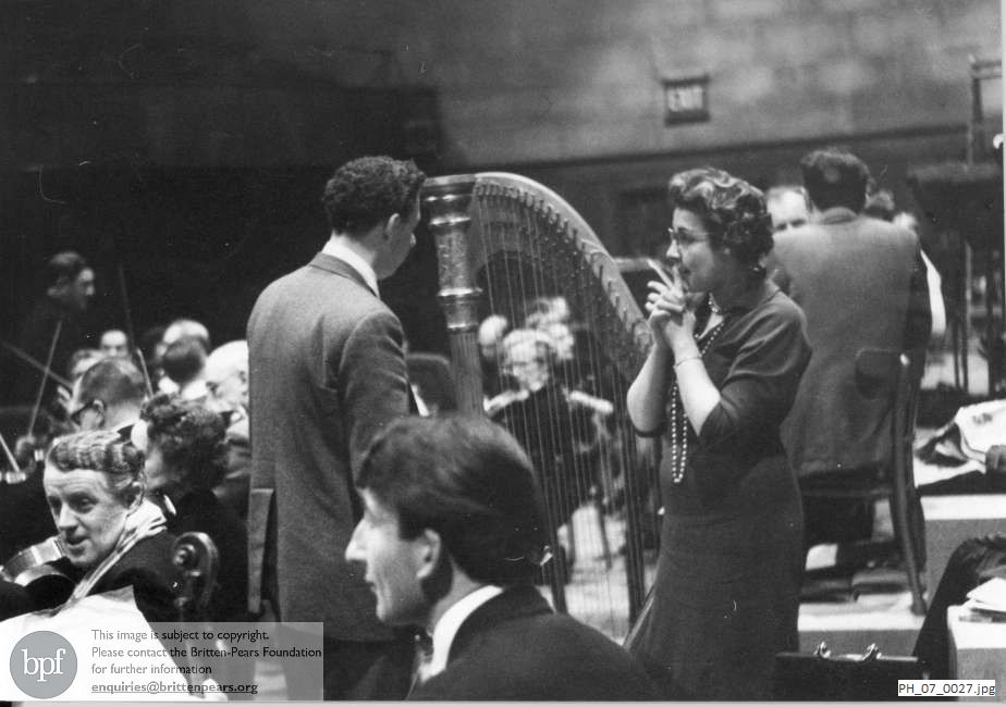Benjamin Britten rehearsing the Hallé Orchestra in the City Hall, Sheffield