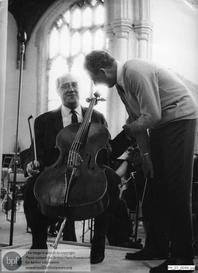 Benjamin Britten rehearsing with Mstislav Rostropovich in Blythburgh Church