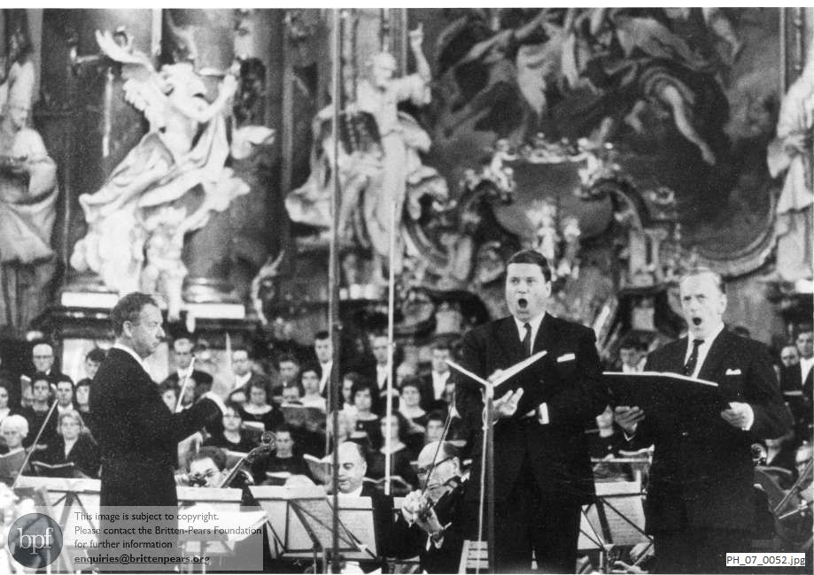 Benjamin Britten conducting a performance of 'War Requiem' in Ottobeuren Basilica, Germany