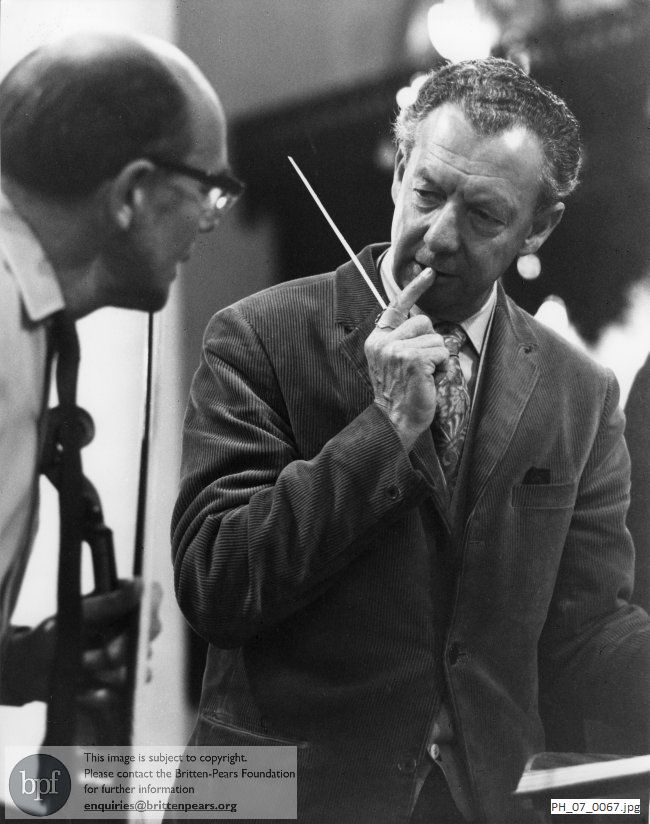 Benjamin Britten in discussion with Cecil Aronowitz in Orford Church