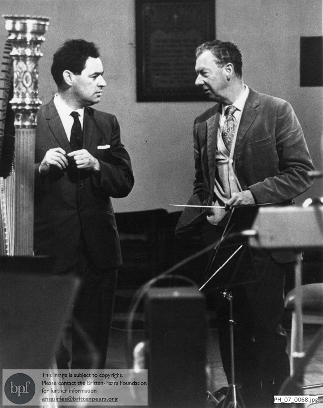 Benjamin Britten in discussion with Osian Ellis in Orford Church