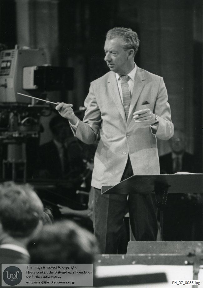 Benjamin Britten conducting a rehearsal in the Church of the Holy Trinity, Long Melford, Suffolk