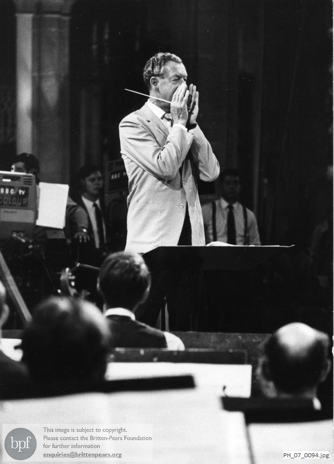 Benjamin Britten rehearsing in the Church of the Holy Trinity, Long Melford