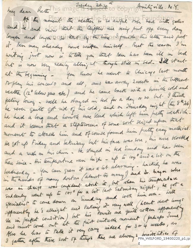 Letter from Peter Pears to Beth Welford