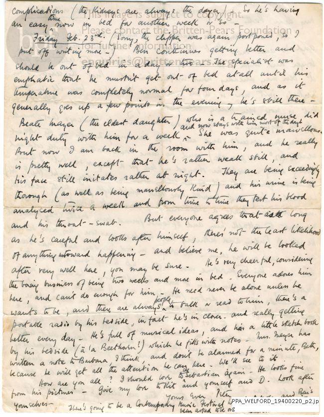 Letter from Peter Pears to Beth Welford