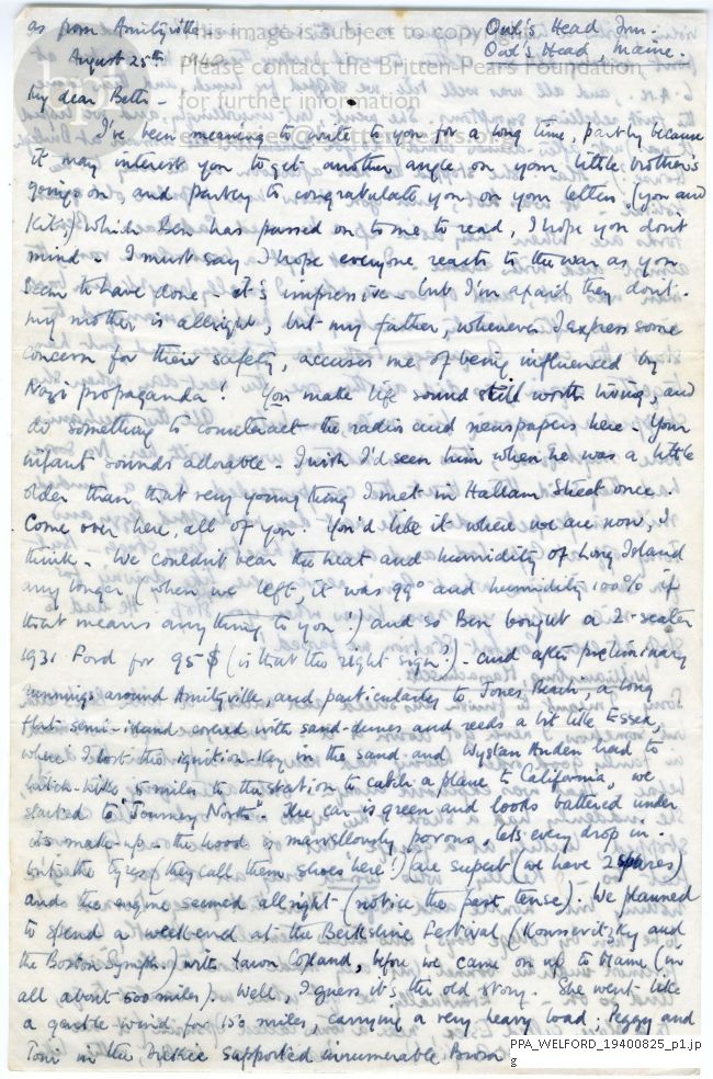 Letter from Peter Pears to Beth Welford