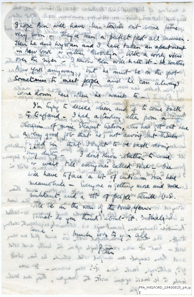 Letter from Peter Pears to Beth Welford